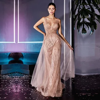 YQLNNE Novo 2023 Rosa de Ouro Longos Vestidos de Baile Tiras de Diamantes de Tule Vestido Festa Formal Zíper de Volta com Overskirt