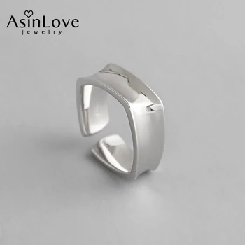 AsinLove Simples Martelado Quadrado Liso Anel Criativa Artesanal Designer de Jóias Finas Real 925 Anéis de Prata para Mulheres