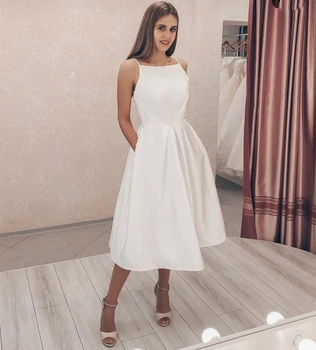 Novo Vestido De Noiva Simples De Cetim 2023 Brilhante Com Bolso De Chá De Comprimento Do Manto De Mariage Vestido De Noiva Sem Mangas