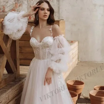 VIKTORIA Modernos Vestidos de Noiva Aline Querida Puffy Manga Cintas de Espaguete Zíper Tule Apliques de 2022 Robe De Mariee