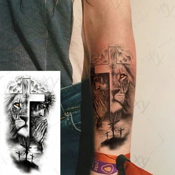 Deus da Cruz Lion King Tiger Tatuagens Temporárias para os Homens, as Mulheres Realista Bússola Falsas Tatuagens no Antebraço Jesus Cristo Coxa Tatto Adesivo