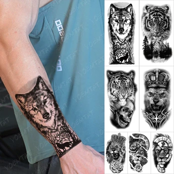 Impermeável Da Etiqueta Temporária Tatuagem Floresta Árvore Da Lua Lobo Flash Tatuagens De Tigre Leão Coroa Crânio De Rei Arte No Corpo, Braço Falsa Tatoo Womé
