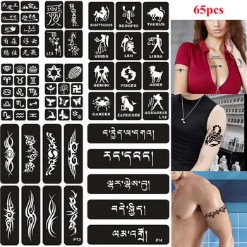 65pcs/set Tatuagem de Borboleta Estênceis Arte do Corpo Caracteres Tatuagem de Henna Modelo de Etiqueta para Homens de Mão Reutilizáveis Henna Estênceis