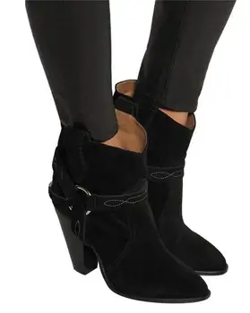 Moda Couro Da Camurça De Mulheres Do Ponto De Toe Ankle Boots Bordado Tornozelo Fivelas Senhoras Spike Botas De Salto Fêmeas Deslizar Sobre Botas