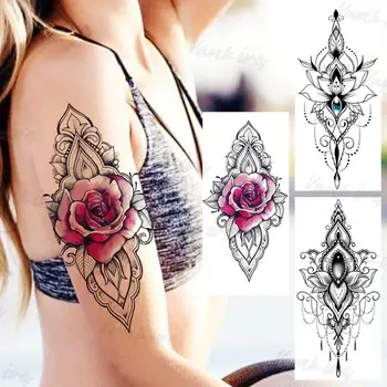 Aquarela Rose Flores De Henna Tatuagens Temporárias Para Adultos Mulheres Realista Pingente Falso Gem Etiqueta Da Tatuagem Sexy Corpo Braço Tatuagens