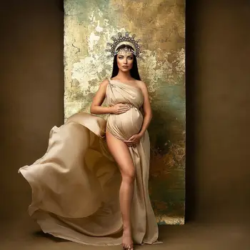 Creme de Cetim Vestidos de Maternidade para a Fotografia Elegante de Um Ombro Noiva Veste de Mulher Grávida Vestidos Babyshower Vestido