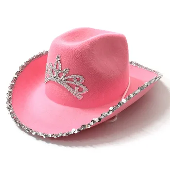 Pena carta chapéu de cowboy, lantejoulas cor-de-rosa ocidental chapéu de cowboy rosa coroa chapéu de cowboy