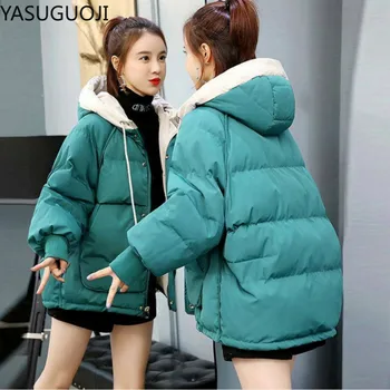 YASUGUOJI Inverno Puff Casaco Womens Curto Quentes de Algodão Acolchoado Jaqueta Outwear 2021 Inverno Mulher de Casaco com Capuz Casacos de 7 cores