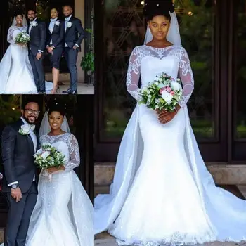 Sul-Africano Sereia Vestidos De Noiva De Trem De Varredura De Renda Sheer Mangas Compridas, Vestidos De Noiva Personalizados Feitos Vestido