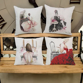 A pós-modernidade, Moda, Make-up Senhora Meninas de Impressão Sofá Almofadas Decorativas Para Lojas de Vestuário Roupa de cama de Algodão Quadrado Almofada para Carro 45x45