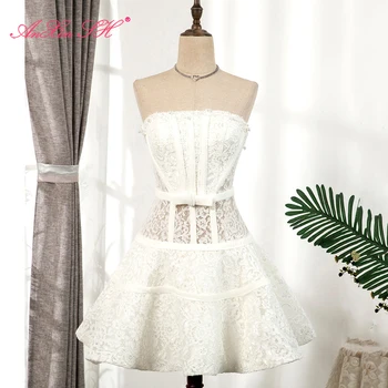 AnXin SH Luxo princesa branca flor do laço vestido de noite sem alças mangas curtas ilusão de vestido de noite vestidinho branco